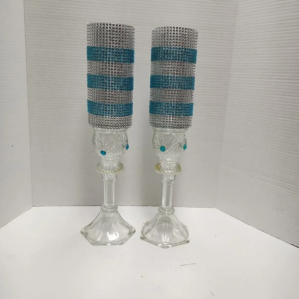 Handmade Glam Crystal Candle Holders – Silver & Teal Jeweled Design (Set of 2)